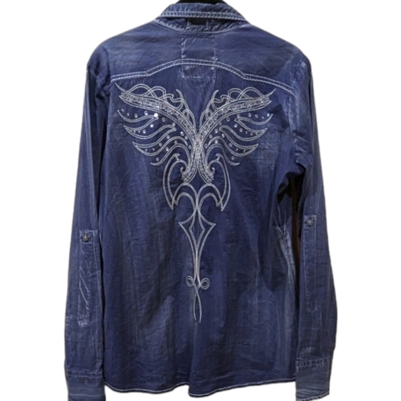 Passion to Roar Embellished Rhinestones Distressed Blue Cowgirl Rodeo Shirt (L) - Picture 4 of 5